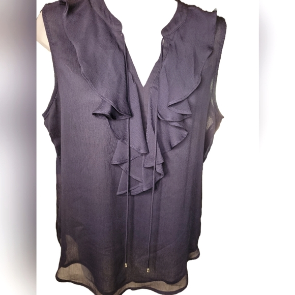 Tomny Hilfiger Ruffled Sleeveless Top - Navy Blue Sheer Fully Lined Sz M - Picture 1 of 4